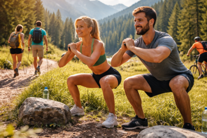 a man and woman doing squats on a trail